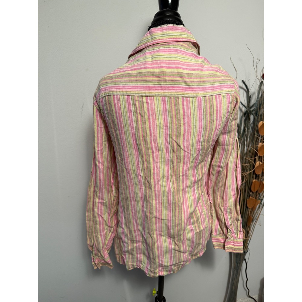 Sigrid Olsen Mens Pink Green‎ Striped 100% Linen Long Sleeve Button Shirt Size M